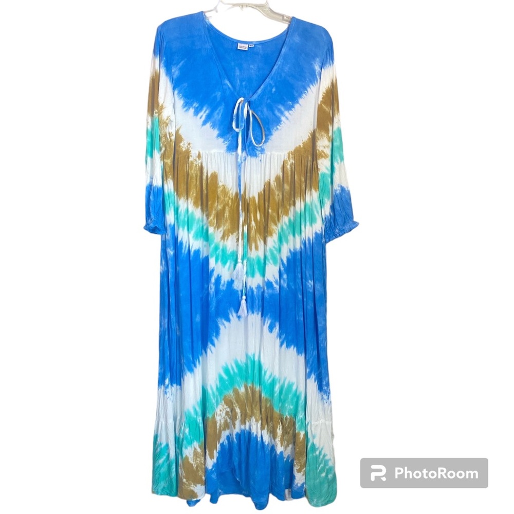Boho Tie Dye Maxi Dress Kaftan Style Blue Brown V-Neck Lace Up Beach Resort M/L